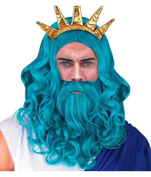 Blå Neptun paryk og skæg