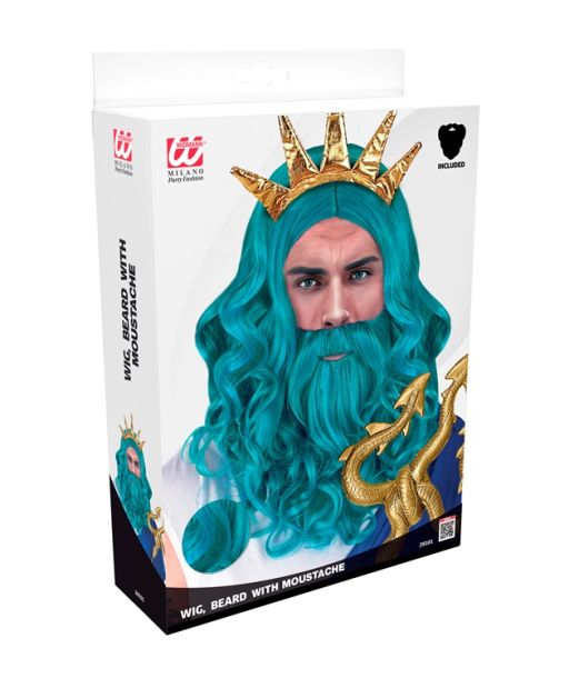 Blå Neptun paryk og skæg