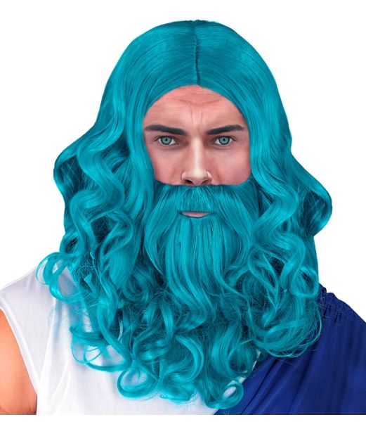 Blå Neptun paryk og skæg