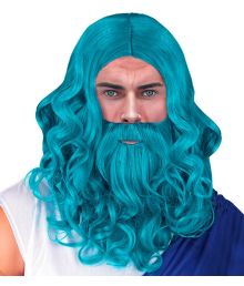 Blå Neptun paryk og skæg