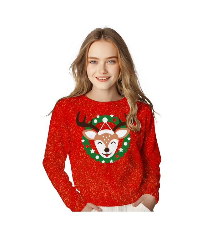 Rød julebluse med rensdyr til piger