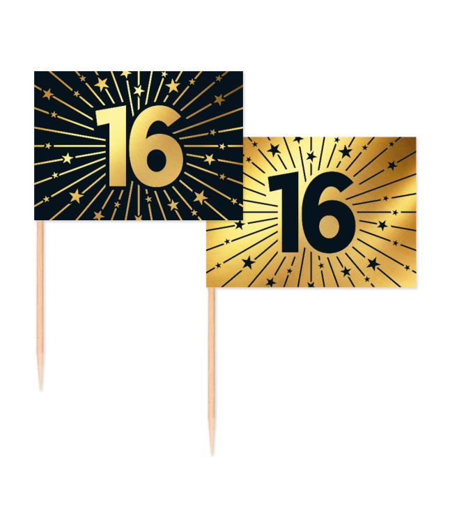 Guld og sort kageflag 16, 50 stk 