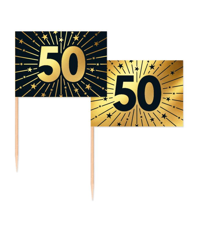 Guld og sort kageflag 50, 50 stk