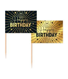 Guld og sort Happy Birthday kageflag, 50 stk