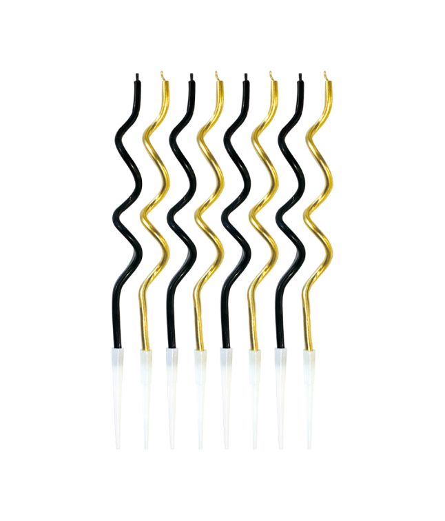 Guld og sort snoede kagelys, 12 cm