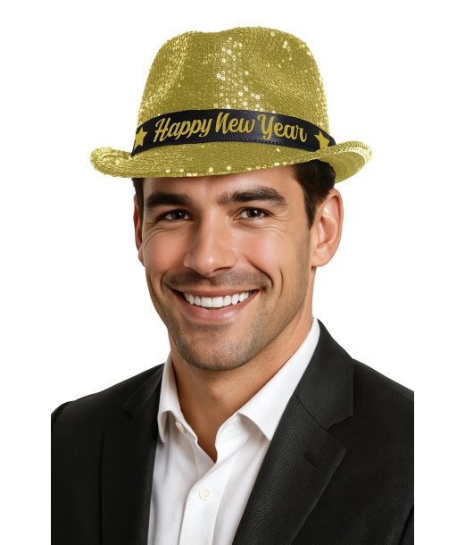 Happy New Year hat, guld pailletter
