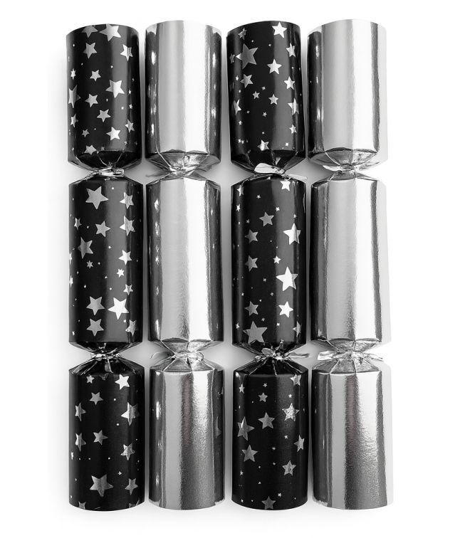 Store nytårs knallerter, sølv og sort stjerner