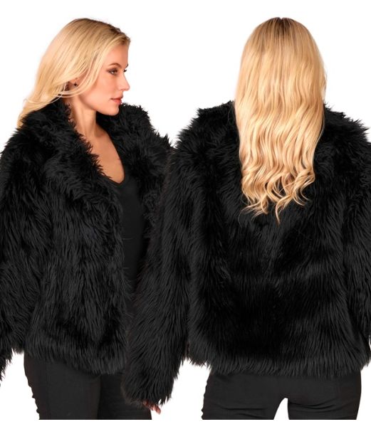 Sort pelsjakke i kunstpels