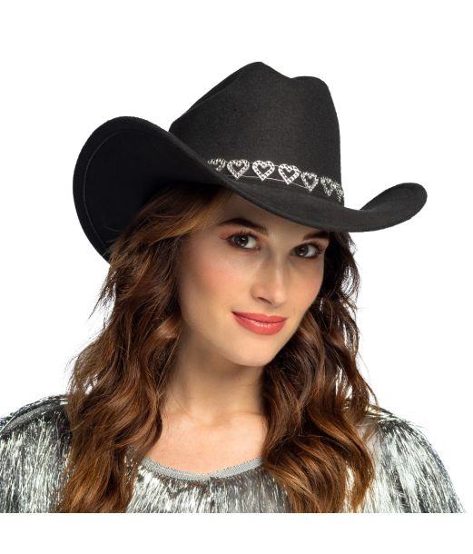 Sort cowboyhat med sølv hjerter 