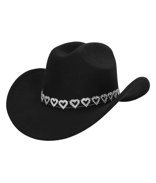 Sort cowboyhat med sølv hjerter 
