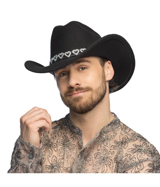 Sort cowboyhat med sølv hjerter 