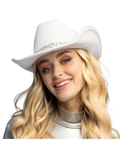 Hvid cowboyhat med sølv hjerter