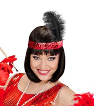 Rød paillet hårbånd med fjer