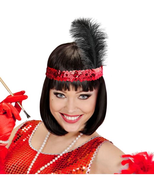 Rød paillet hårbånd med fjer