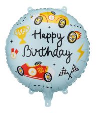 Happy Birthday racerbiler folieballon, 35 cm