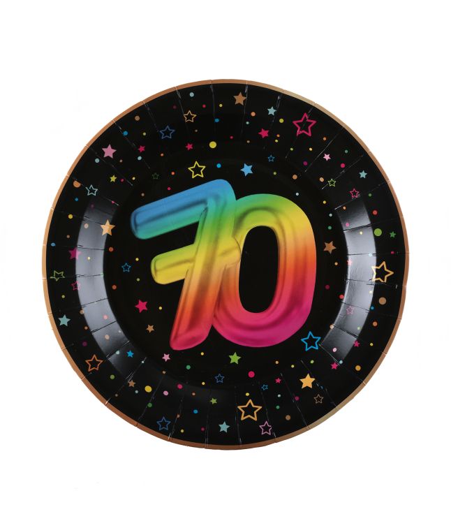 Sort og regnbue paptallerken, 70 år 