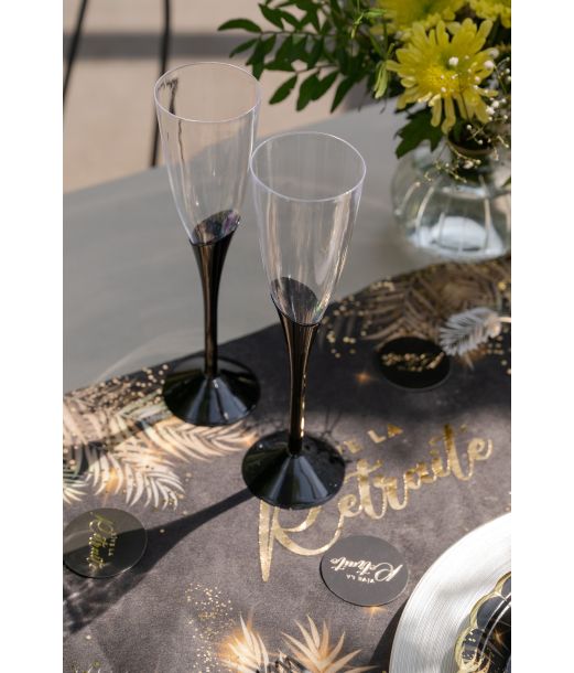 Plastik champagneglas med sort fod, 6 stk