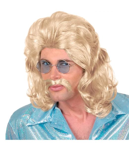 Blond 70er paryk og overskæg