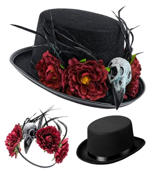Voodoo hat med kranie og blomster