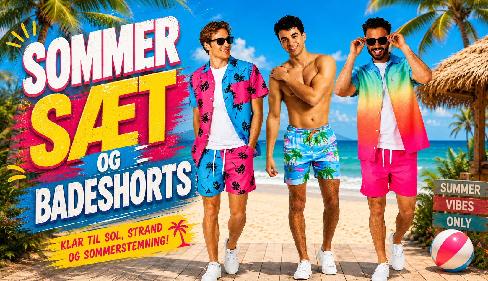 Sommersæt og badeshorts til sommer og festivaler.